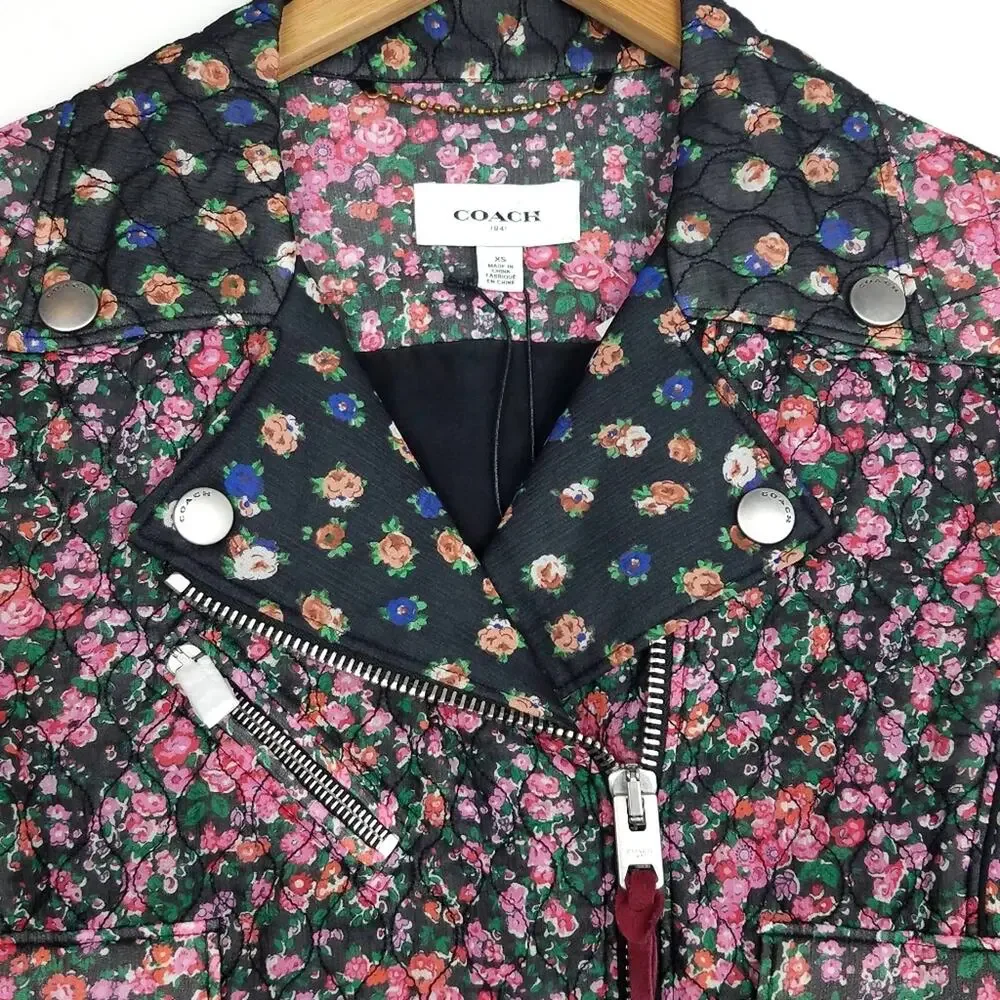 Coach Quilted Chiffon Floral Moto Jacket Pink Green XS New!